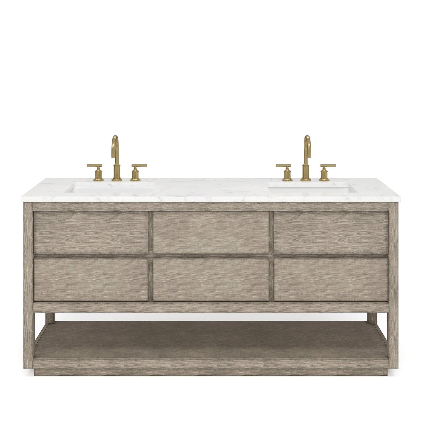 Water Creation OA72CW00GK-000BL1406 OAKMAN 72"W x 34.3"H Gray Oak Double-Sink Vanity with Carrara White Marble Countertop + Gold Faucets