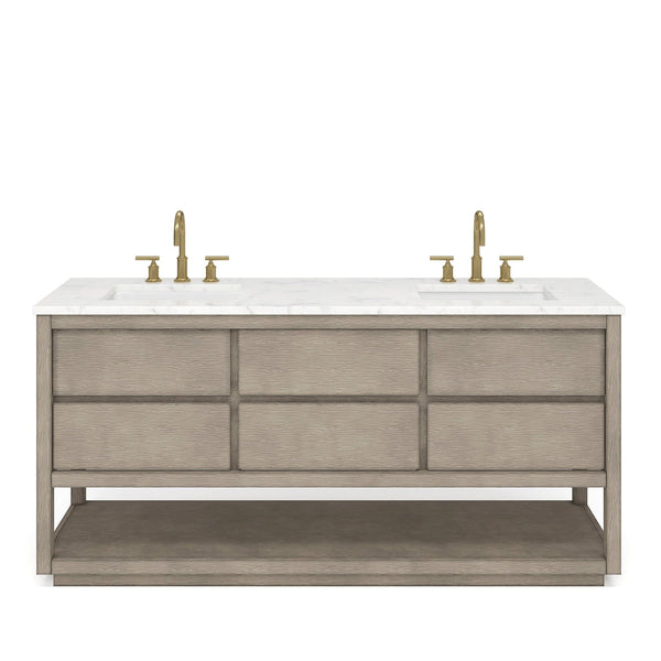 Water Creation OA72CW00GK-000BL1406 OAKMAN 72W x 34.3H Gray Oak Double-Sink Vanity with Carrara White Marble Countertop + Gold Faucets