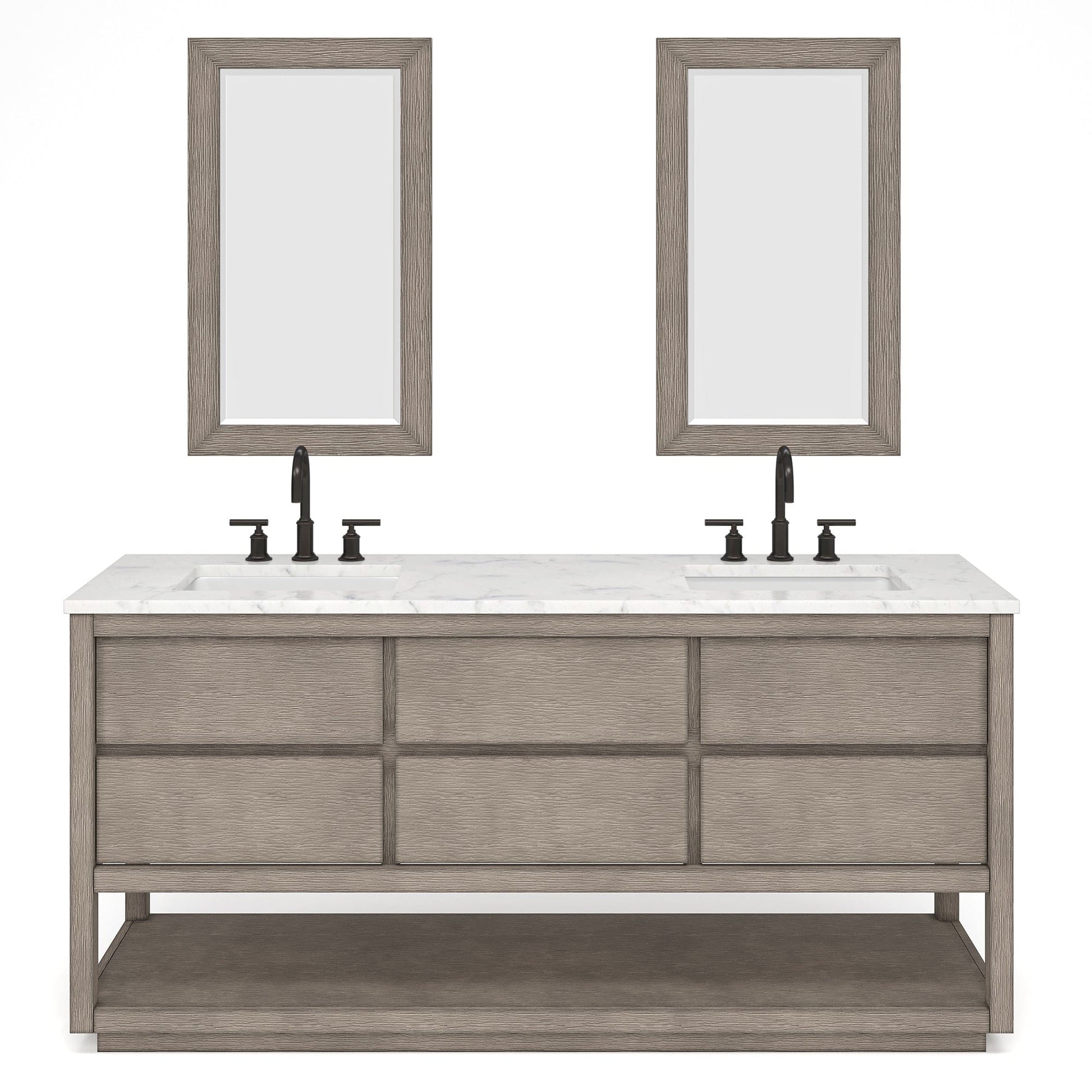 Water Creation OA72CW00GK-R21000000 OAKMAN 72"W x 34.3"H Gray Oak Double-Sink Vanity with Carrara White Marble Countertop + Rectangular Mirrors