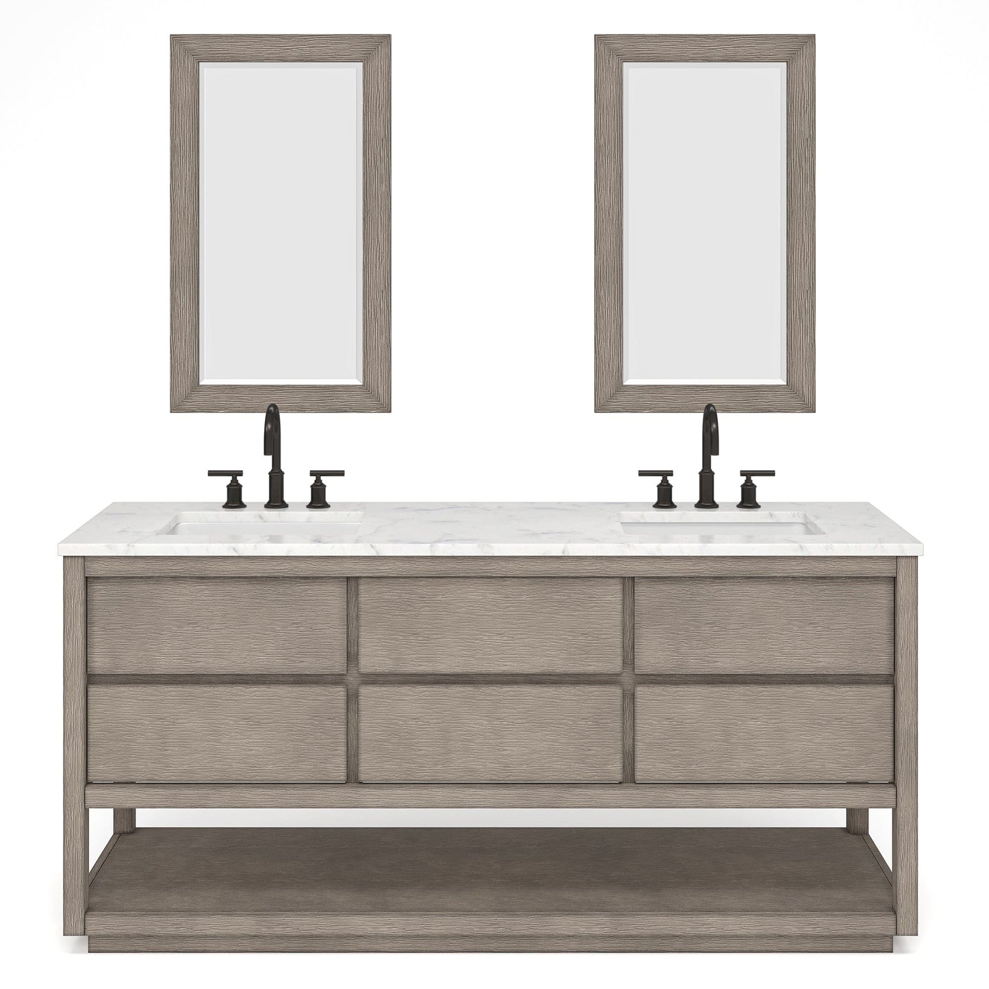 Water Creation OA72CW00GK-R21000000 OAKMAN 72"W x 34.3"H Gray Oak Double-Sink Vanity with Carrara White Marble Countertop + Rectangular Mirrors