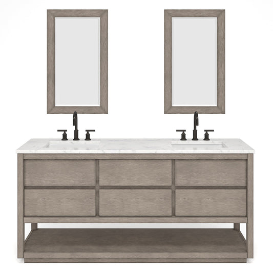 Water Creation OA72CW00GK-R21000000 OAKMAN 72"W x 34.3"H Gray Oak Double-Sink Vanity with Carrara White Marble Countertop + Rectangular Mirrors