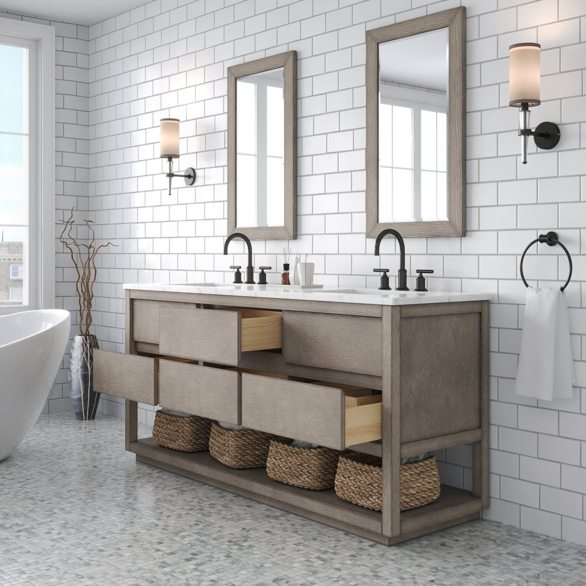 Water Creation OA72CW00GK-R21000000 OAKMAN 72"W x 34.3"H Gray Oak Double-Sink Vanity with Carrara White Marble Countertop + Rectangular Mirrors