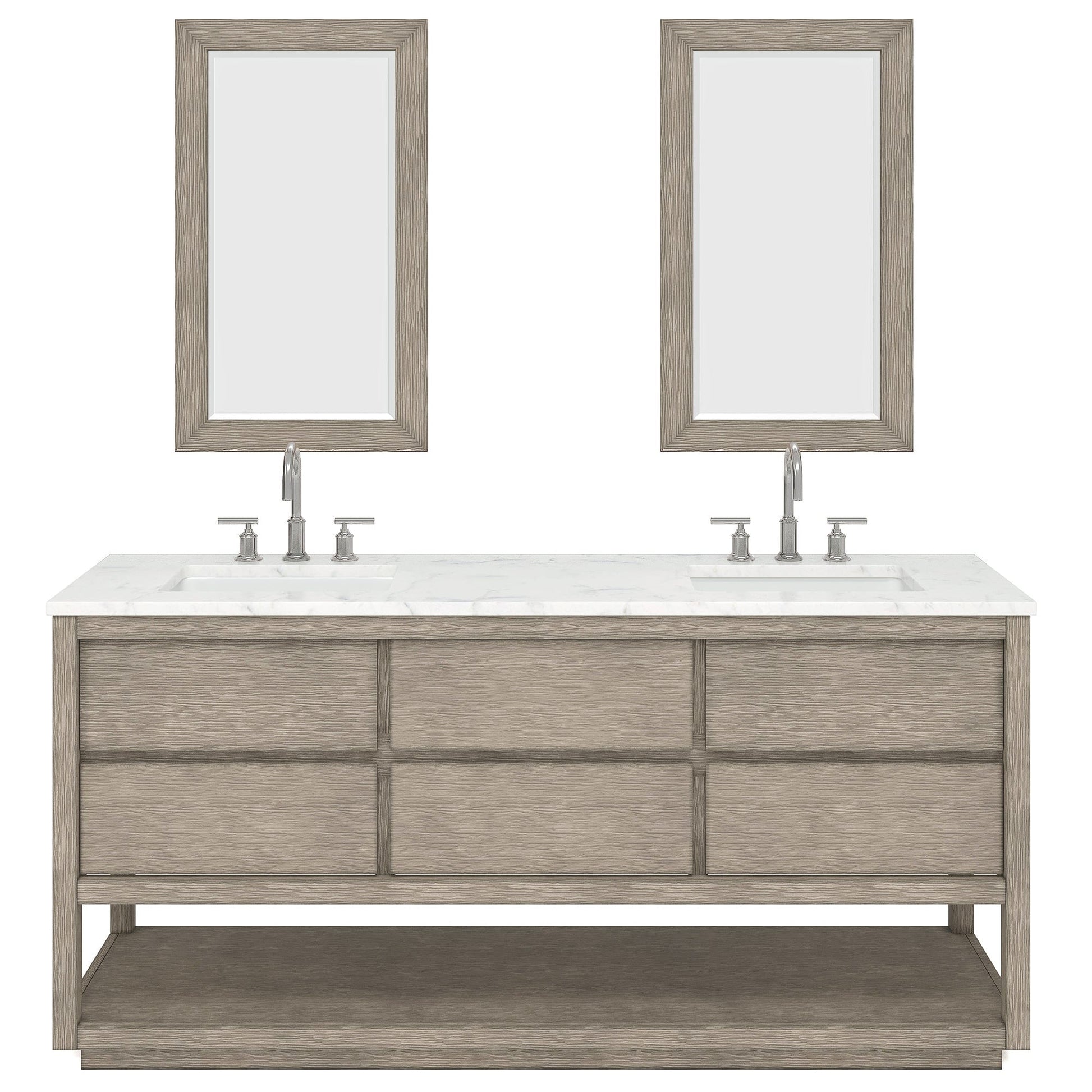 Water Creation OA72CW00GK-R21BL1401 OAKMAN 72"W x 34.3"H Gray Oak Double-Sink Vanity with Carrara White Marble Countertop + Chrome Faucets and Rectangular Mirrors