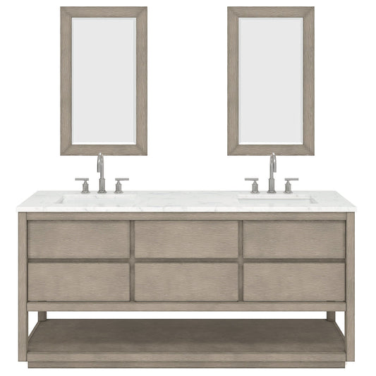 Water Creation OA72CW00GK-R21BL1401 OAKMAN 72"W x 34.3"H Gray Oak Double-Sink Vanity with Carrara White Marble Countertop + Chrome Faucets and Rectangular Mirrors