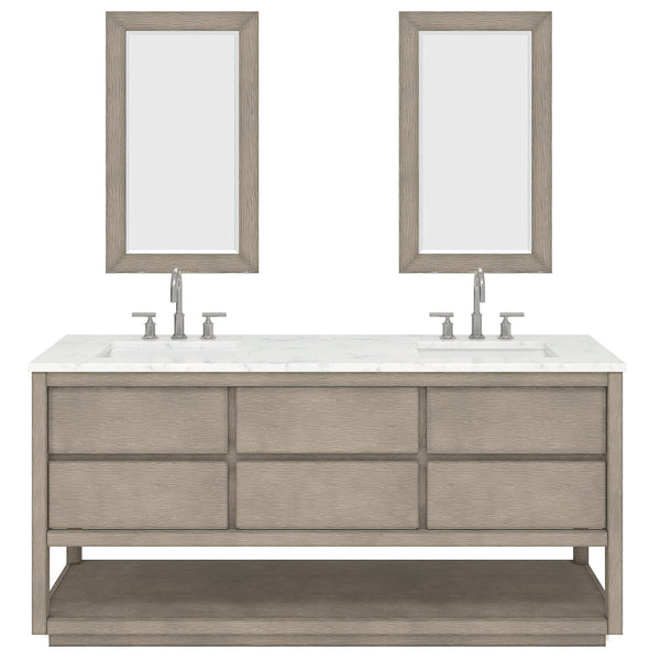 Water Creation OA72CW00GK-R21BL1401 OAKMAN 72W x 34.3H Gray Oak Double-Sink Vanity with Carrara White Marble Countertop + Chrome Faucets and Rectangular Mirrors