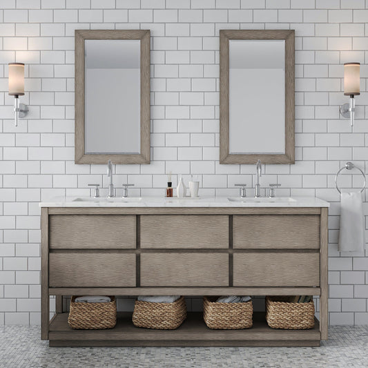 Water Creation OA72CW00GK-R21BL1401 OAKMAN 72"W x 34.3"H Gray Oak Double-Sink Vanity with Carrara White Marble Countertop + Chrome Faucets and Rectangular Mirrors