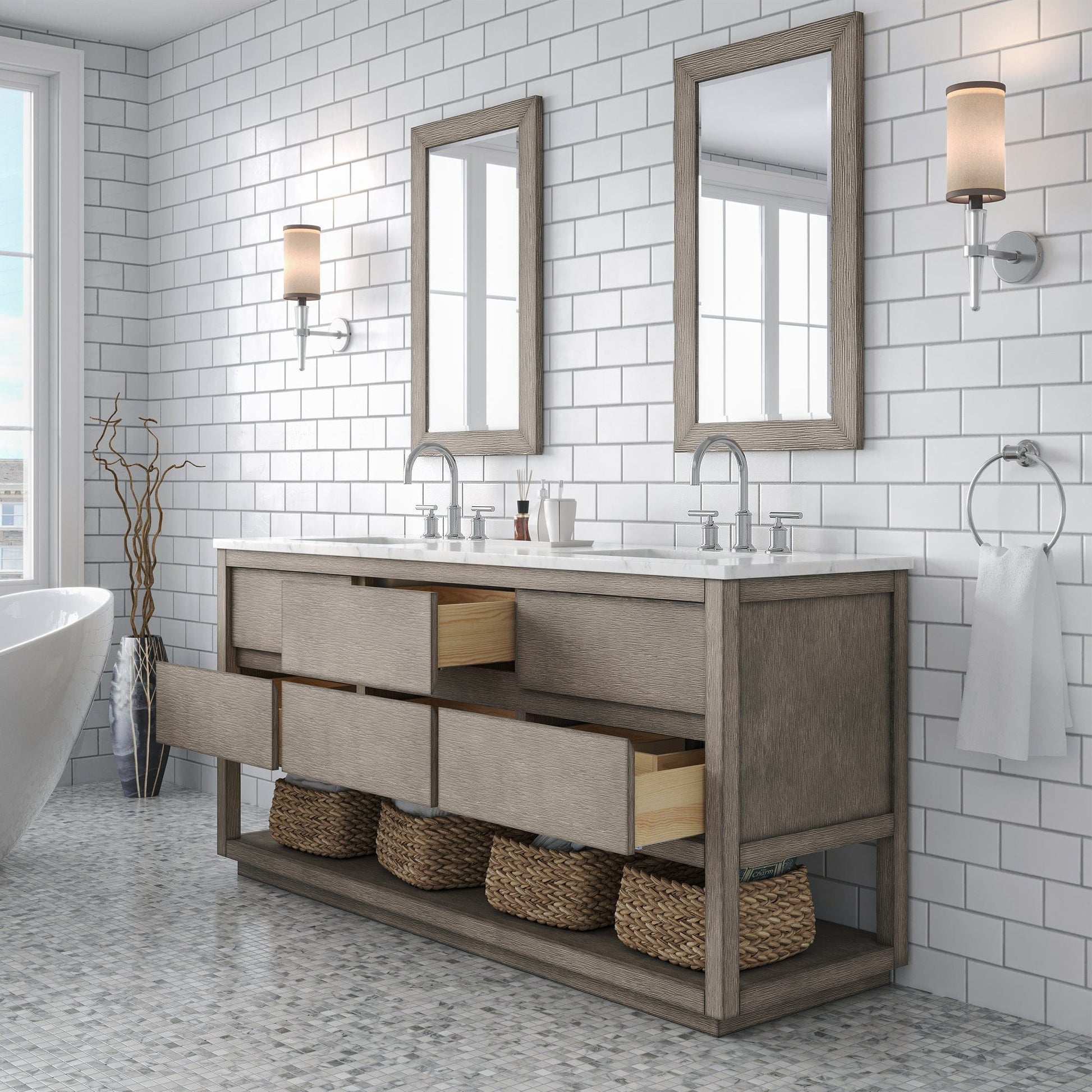 Water Creation OA72CW00GK-R21BL1401 OAKMAN 72"W x 34.3"H Gray Oak Double-Sink Vanity with Carrara White Marble Countertop + Chrome Faucets and Rectangular Mirrors