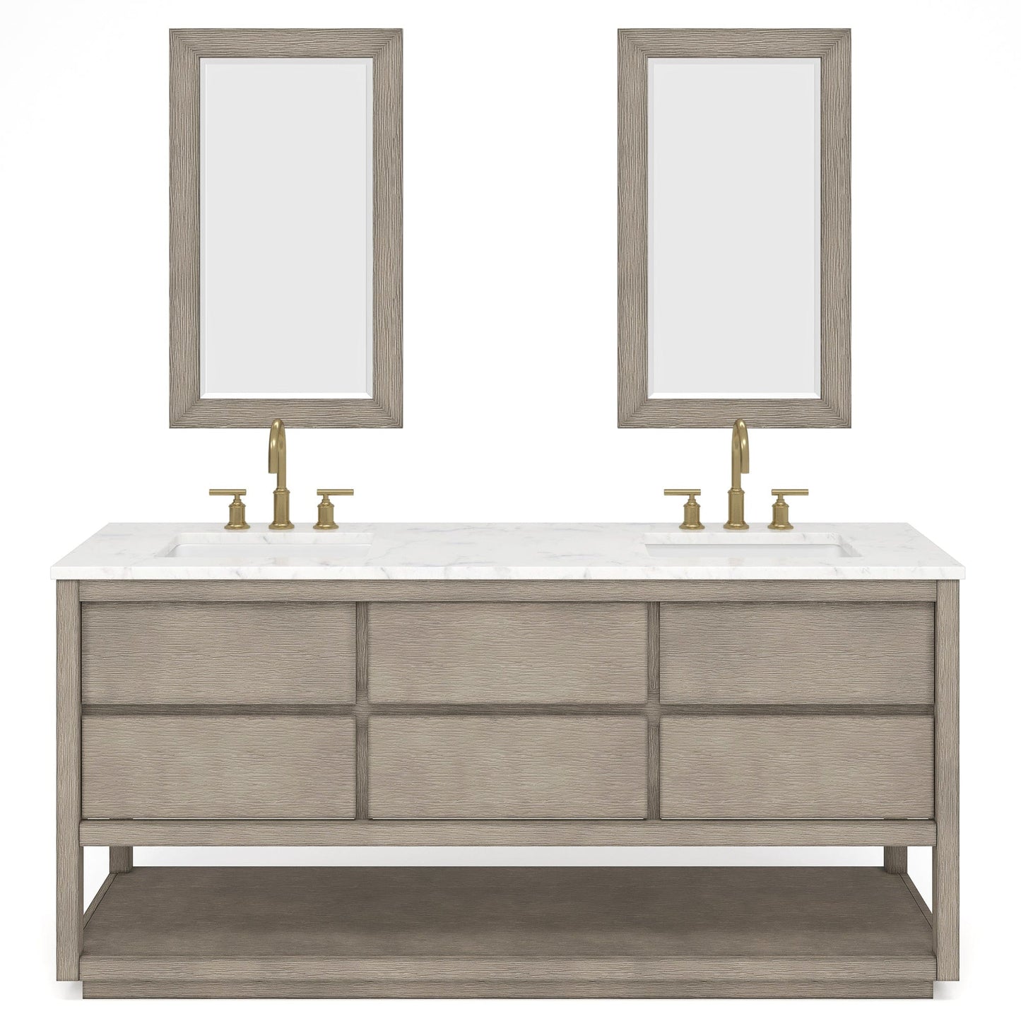 Water Creation OA72CW00GK-R21BL1406 OAKMAN 72"W x 34.3"H Gray Oak Double-Sink Vanity with Carrara White Marble Countertop + Gold Faucets and Rectangular Mirrors