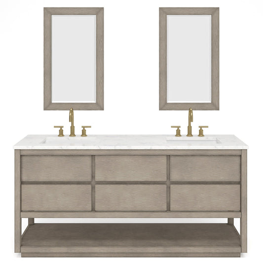 Water Creation OA72CW00GK-R21BL1406 OAKMAN 72"W x 34.3"H Gray Oak Double-Sink Vanity with Carrara White Marble Countertop + Gold Faucets and Rectangular Mirrors