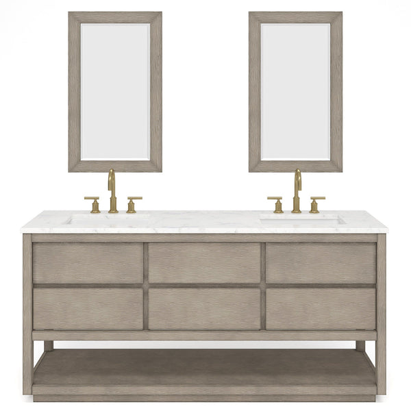 Water Creation OA72CW00GK-R21BL1406 OAKMAN 72W x 34.3H Gray Oak Double-Sink Vanity with Carrara White Marble Countertop + Gold Faucets and Rectangular Mirrors