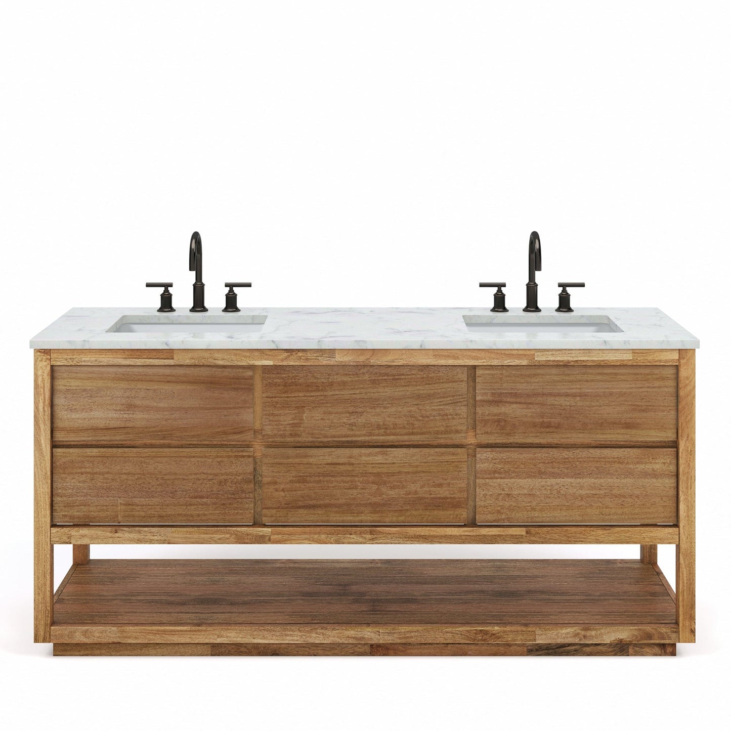 Water Creation OA72CW00MW-000BL1403 OAKMAN 72"W x 34.3"H Mango Wood Double-Sink Vanity with Carrara White Marble Countertop + Oil-Rubbed Bronze Faucet