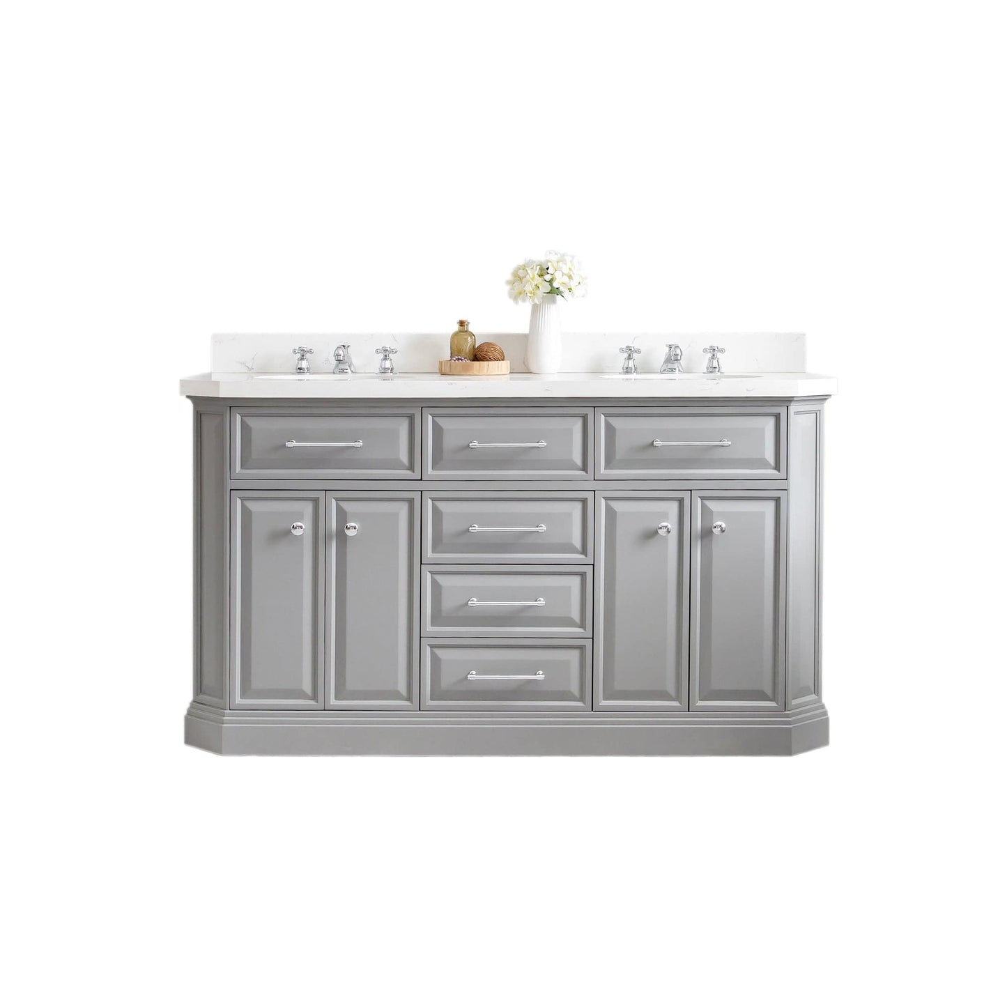 Water Creation PA60QZ01CG-000BX0901 PALACE 60"W x 34"H Cashmere Gray Vanity with Carrara Quartz Countertop + Faucets (F2-0009), Chrome Finish Hardware