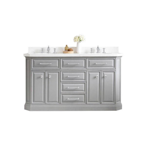 Water Creation PA60QZ01CG-000FX1301 PALACE 60W x 34H Cashmere Gray Vanity with Carrara Quartz Countertop + Faucets (F2-0013), Chrome Finish Hardware