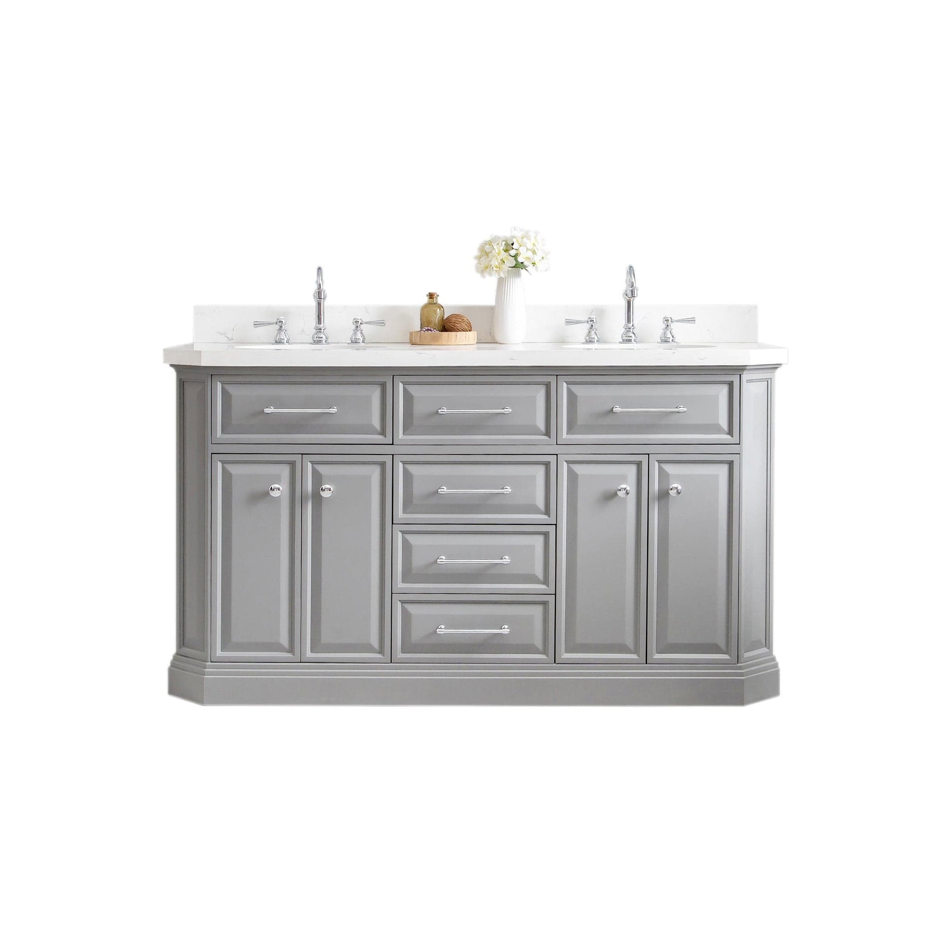 Water Creation PA60QZ01CG-000TL1201 PALACE 60"W x 34"H Cashmere Gray Vanity with Carrara Quartz Countertop + Faucets (F2-0012), Chrome Finish Hardware