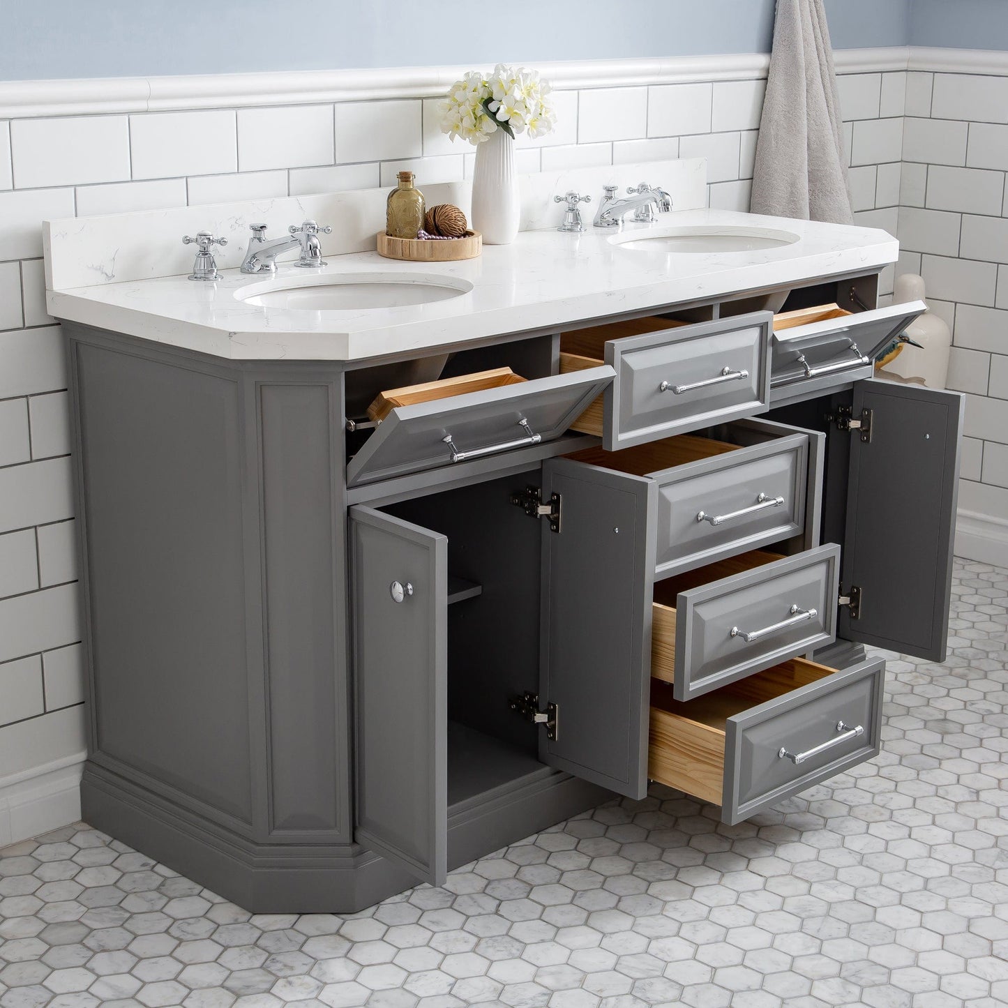 Water Creation PA60QZ01CG-E18BX0901 PALACE 60"W x 34"H Cashmere Gray Vanity with Carrara Quartz Countertop + Faucets & Mirror (F2-0009), Chrome Finish Hardware & Mirror