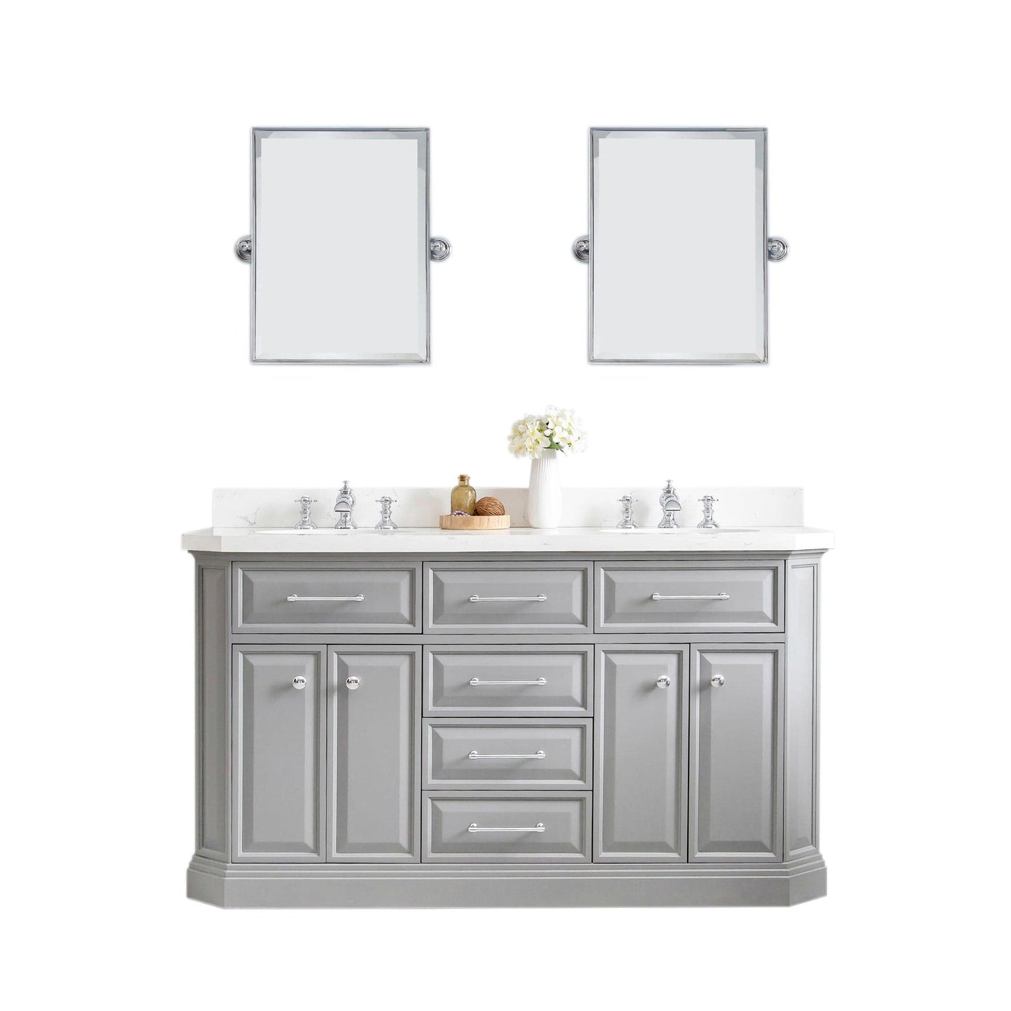 Water Creation PA60QZ01CG-E18FX1301 PALACE 60"W x 34"H Cashmere Gray Vanity with Carrara Quartz Countertop + Faucets & Mirror (F2-0013), Chrome Finish Hardware & Mirror