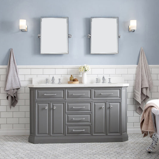 Water Creation PA60QZ01CG-E18FX1301 PALACE 60"W x 34"H Cashmere Gray Vanity with Carrara Quartz Countertop + Faucets & Mirror (F2-0013), Chrome Finish Hardware & Mirror