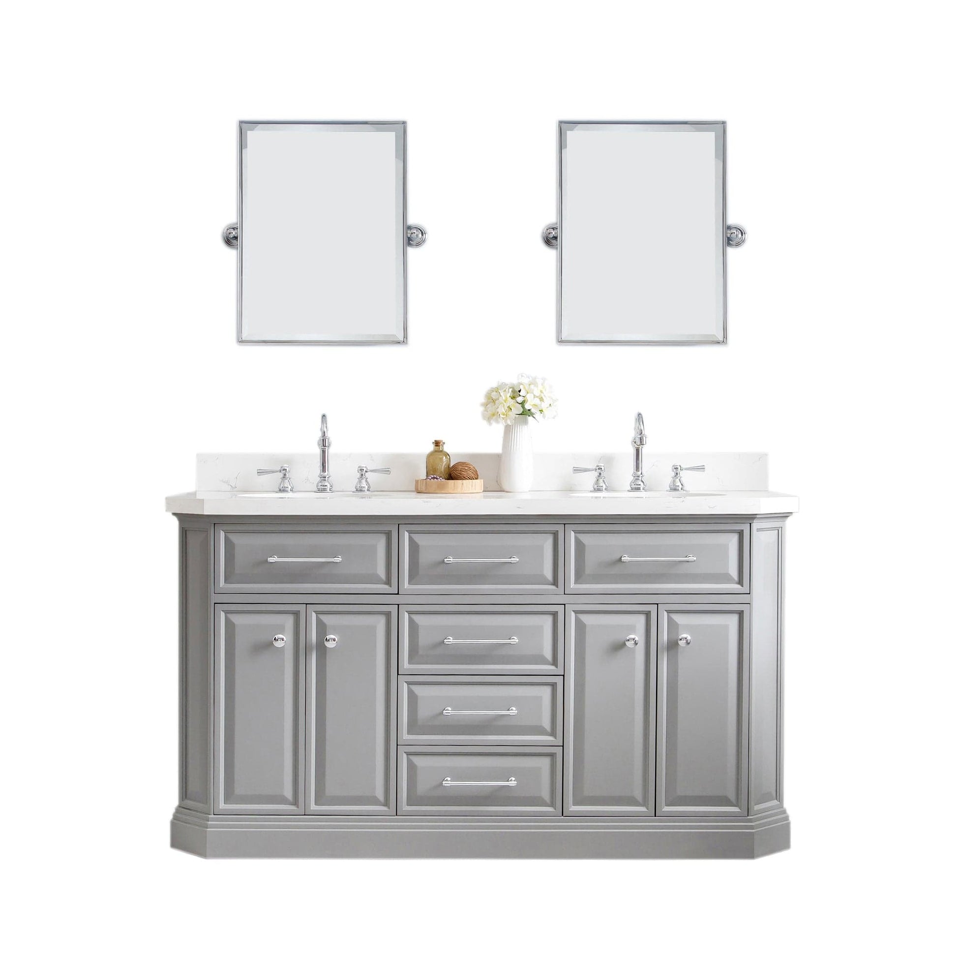 Water Creation PA60QZ01CG-E18TL1201 PALACE 60"W x 34"H Cashmere Gray Vanity with Carrara Quartz Countertop + Faucets & Mirror (F2-0012), Chrome Finish Hardware & Mirror