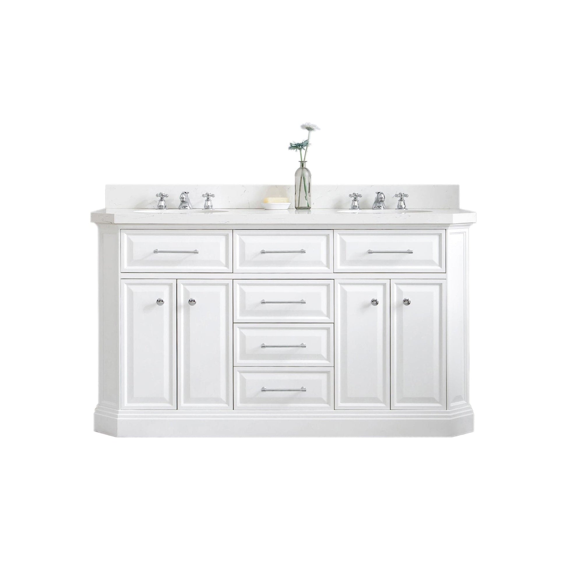 Water Creation PA60QZ01PW-000BX0901 PALACE 60"W x 34"H Pure White Vanity with Carrara Quartz Countertop + Faucets (F2-0009), Chrome Finish Hardware