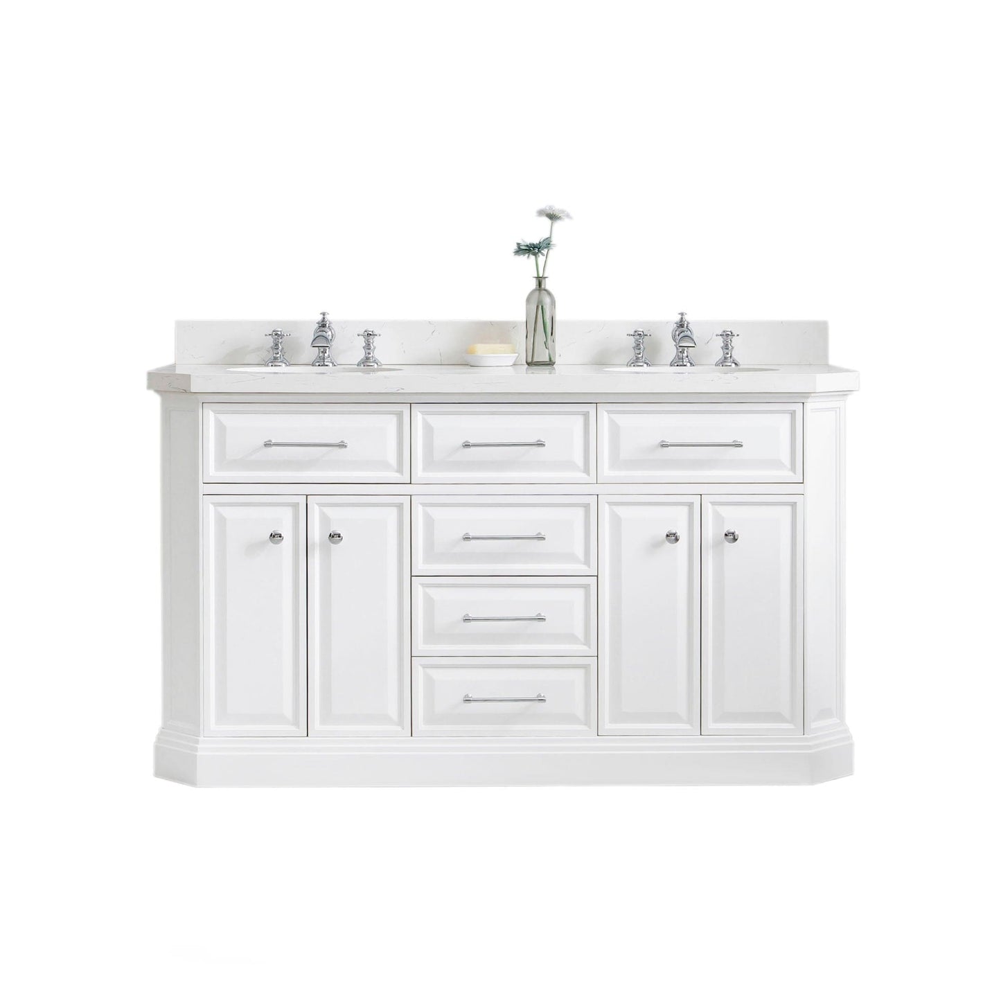 Water Creation PA60QZ01PW-000FX1301 PALACE 60"W x 34"H Pure White Vanity with Carrara Quartz Countertop + Faucets (F2-0013), Chrome Finish Hardware