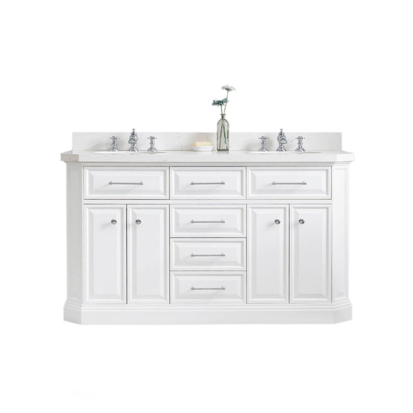 Water Creation PA60QZ01PW-000FX1301 PALACE 60W x 34H Pure White Vanity with Carrara Quartz Countertop + Faucets (F2-0013), Chrome Finish Hardware