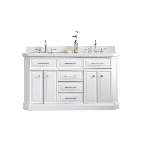 Water Creation PA60QZ01PW-000TL1201 PALACE 60W x 34H Pure White Vanity with Carrara Quartz Countertop + Faucets (F2-0012), Chrome Finish Hardware