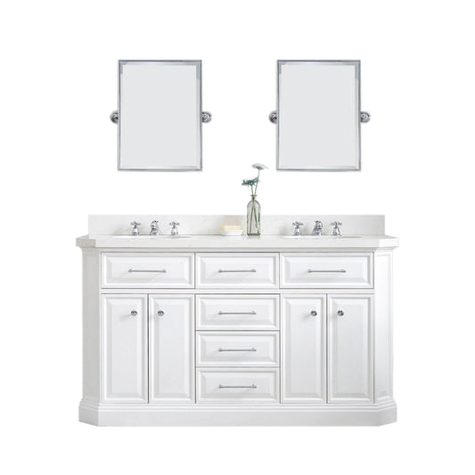 Water Creation PA60QZ01PW-E18BX0901 PALACE 60"W x 34"H Pure White Vanity with Carrara Quartz Countertop + Faucets & Mirror (F2-0009), Chrome Finish Hardware & Mirror