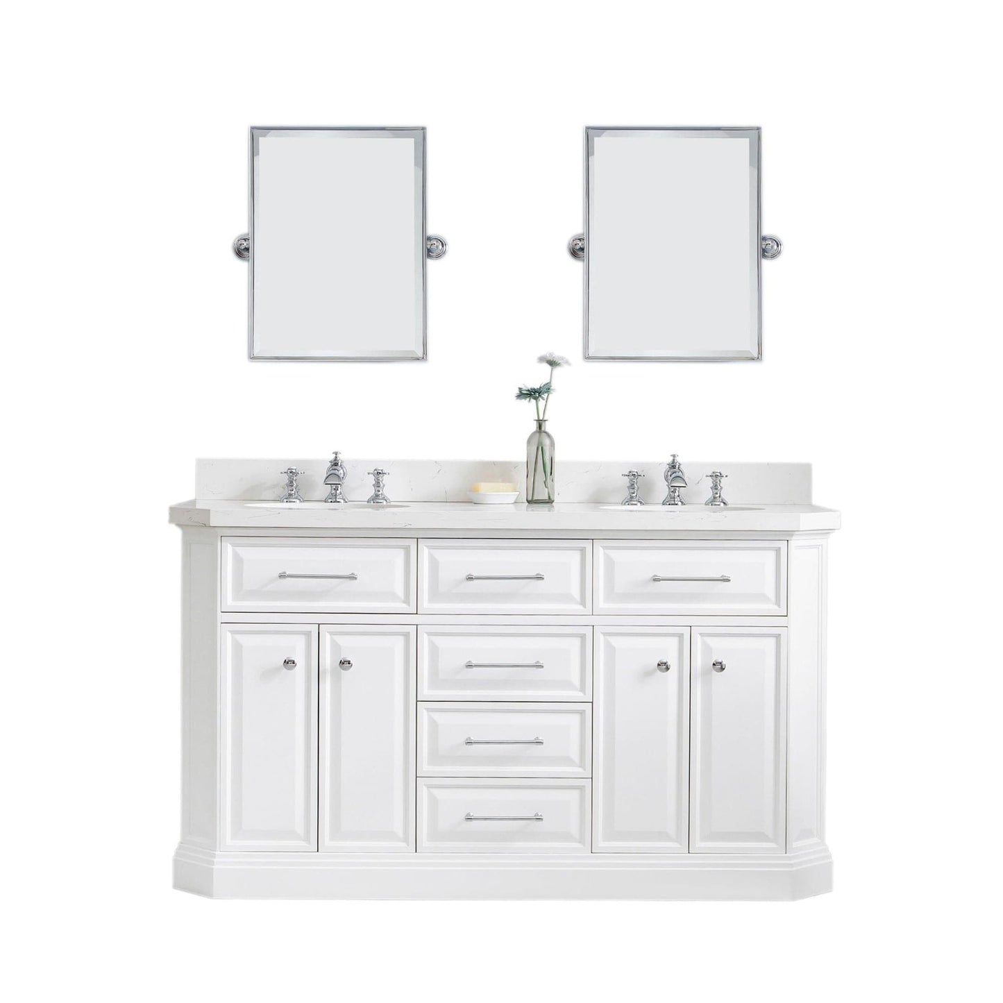 Water Creation PA60QZ01PW-E18FX1301 PALACE 60"W x 34"H Pure White Vanity with Carrara Quartz Countertop + Faucets & Mirror (F2-0013), Chrome Finish Hardware & Mirror