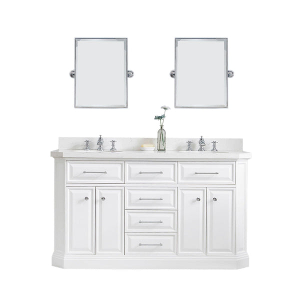 Water Creation PA60QZ01PW-E18FX1301 PALACE 60W x 34H Pure White Vanity with Carrara Quartz Countertop + Faucets & Mirror (F2-0013), Chrome Finish Hardware & Mirror