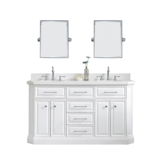 Water Creation PA60QZ01PW-E18TL1201 PALACE 60"W x 34"H Pure White Vanity with Carrara Quartz Countertop + Faucets & Mirror (F2-0012), Chrome Finish Hardware & Mirror