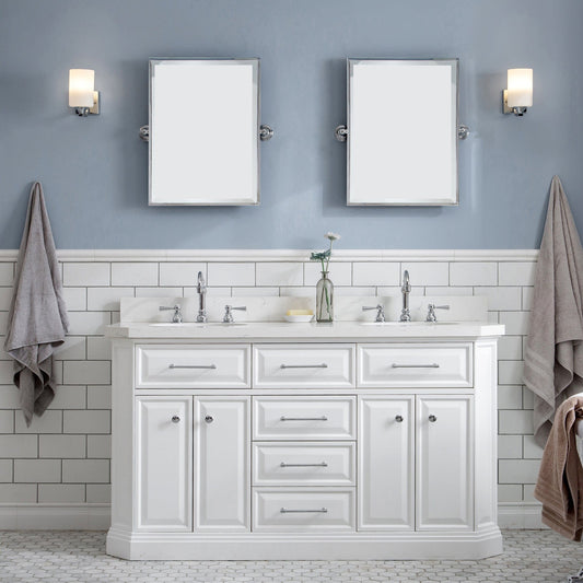 Water Creation PA60QZ01PW-E18TL1201 PALACE 60"W x 34"H Pure White Vanity with Carrara Quartz Countertop + Faucets & Mirror (F2-0012), Chrome Finish Hardware & Mirror