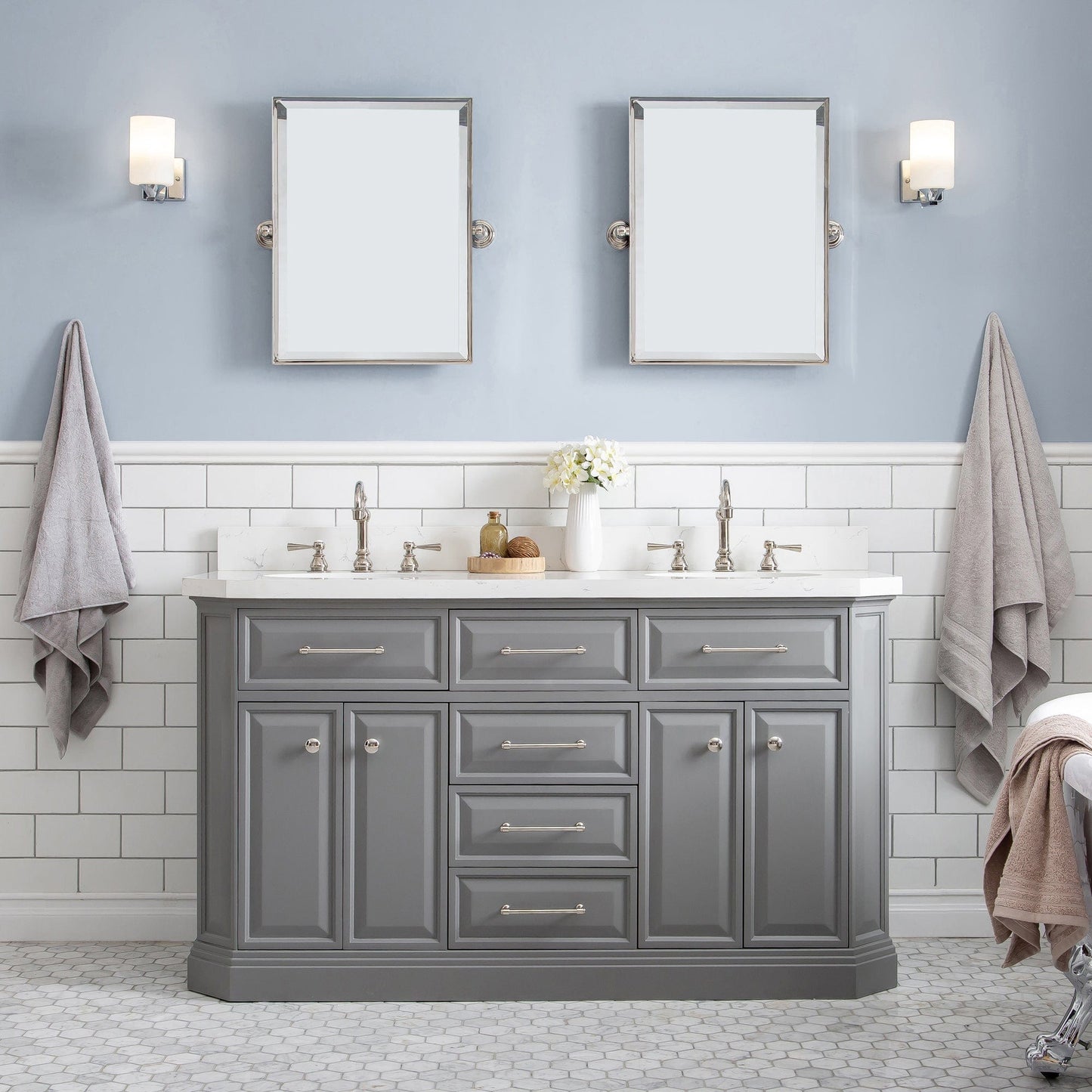 Water Creation PA60QZ05CG-000TL1205 PALACE 60"W x 34"H Cashmere Gray Vanity with Carrara Quartz Countertop + Faucets (F2-0012), Polished Nickel Finish Hardware