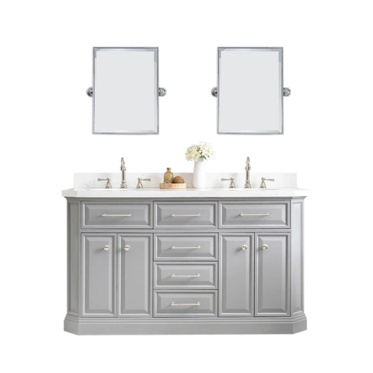 Water Creation PA60QZ05CG-E18000000 PALACE 60"W x 34"H Cashmere Gray Vanity with Carrara Quartz Countertop + Mirror, Polished Nickel Finish Hardware & Mirror