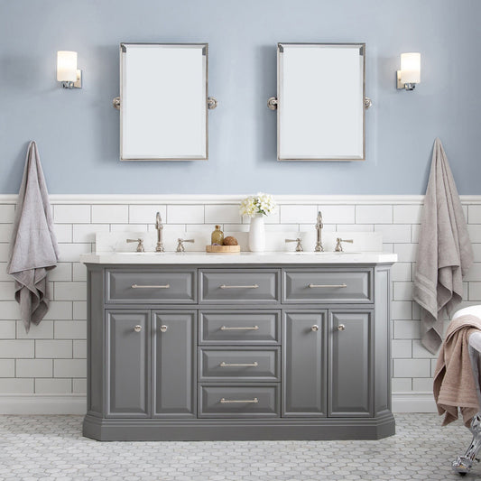 Water Creation PA60QZ05CG-E18000000 PALACE 60"W x 34"H Cashmere Gray Vanity with Carrara Quartz Countertop + Mirror, Polished Nickel Finish Hardware & Mirror