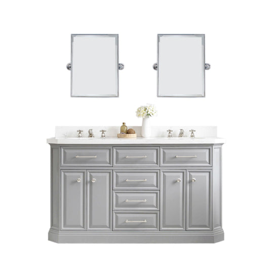 Water Creation PA60QZ05CG-E18BX0905 PALACE 60"W x 34"H Cashmere Gray Vanity with Carrara Quartz Countertop + Faucets & Mirror (F2-0009), Polished Nickel Finish Hardware & Mirror