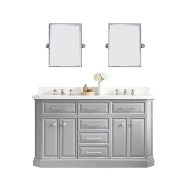 Water Creation PA60QZ05CG-E18BX0905 PALACE 60W x 34H Cashmere Gray Vanity with Carrara Quartz Countertop + Faucets & Mirror (F2-0009), Polished Nickel Finish Hardware & Mirror