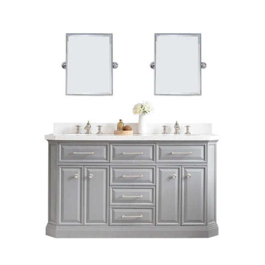 Water Creation PA60QZ05CG-E18FX1305 PALACE 60"W x 34"H Cashmere Gray Vanity with Carrara Quartz Countertop + Faucets & Mirror (F2-0013), Polished Nickel Finish Hardware & Mirror