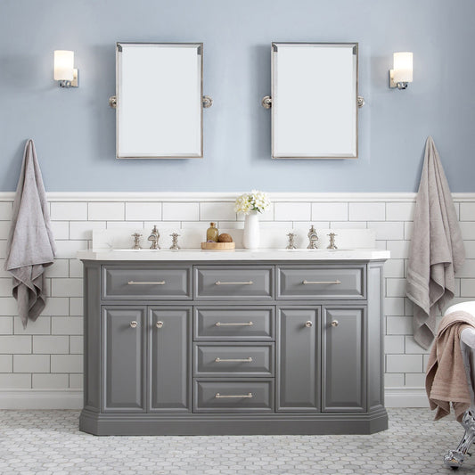 Water Creation PA60QZ05CG-E18FX1305 PALACE 60"W x 34"H Cashmere Gray Vanity with Carrara Quartz Countertop + Faucets & Mirror (F2-0013), Polished Nickel Finish Hardware & Mirror