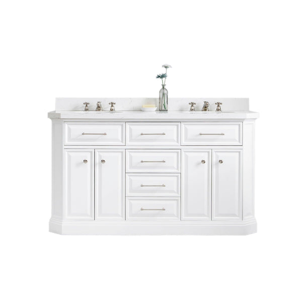 Water Creation PA60QZ05PW-000000000 PALACE 60W x 34H Pure White Vanity with Carrara Quartz Countertop, Polished Nickel Finish Hardware (Vanity Only)