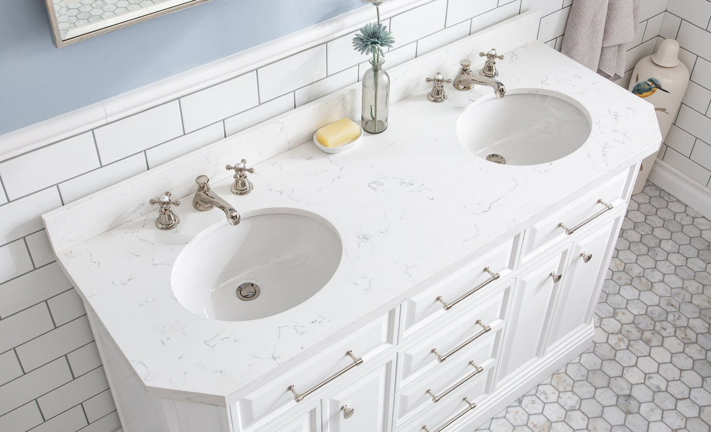 Water Creation PA60QZ05PW-000BX0905 PALACE 60"W x 34"H Pure White Vanity with Carrara Quartz Countertop + Faucets (F2-0009), Polished Nickel Finish Hardware