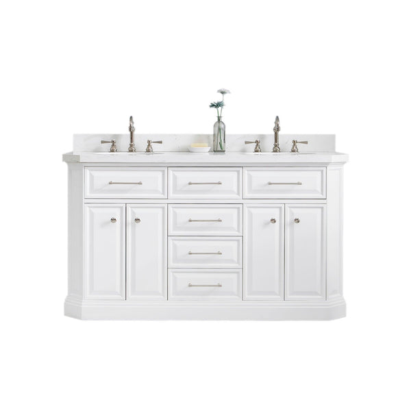 Water Creation PA60QZ05PW-000TL1205 PALACE 60W x 34H Pure White Vanity with Carrara Quartz Countertop + Faucets (F2-0012), Polished Nickel Finish Hardware