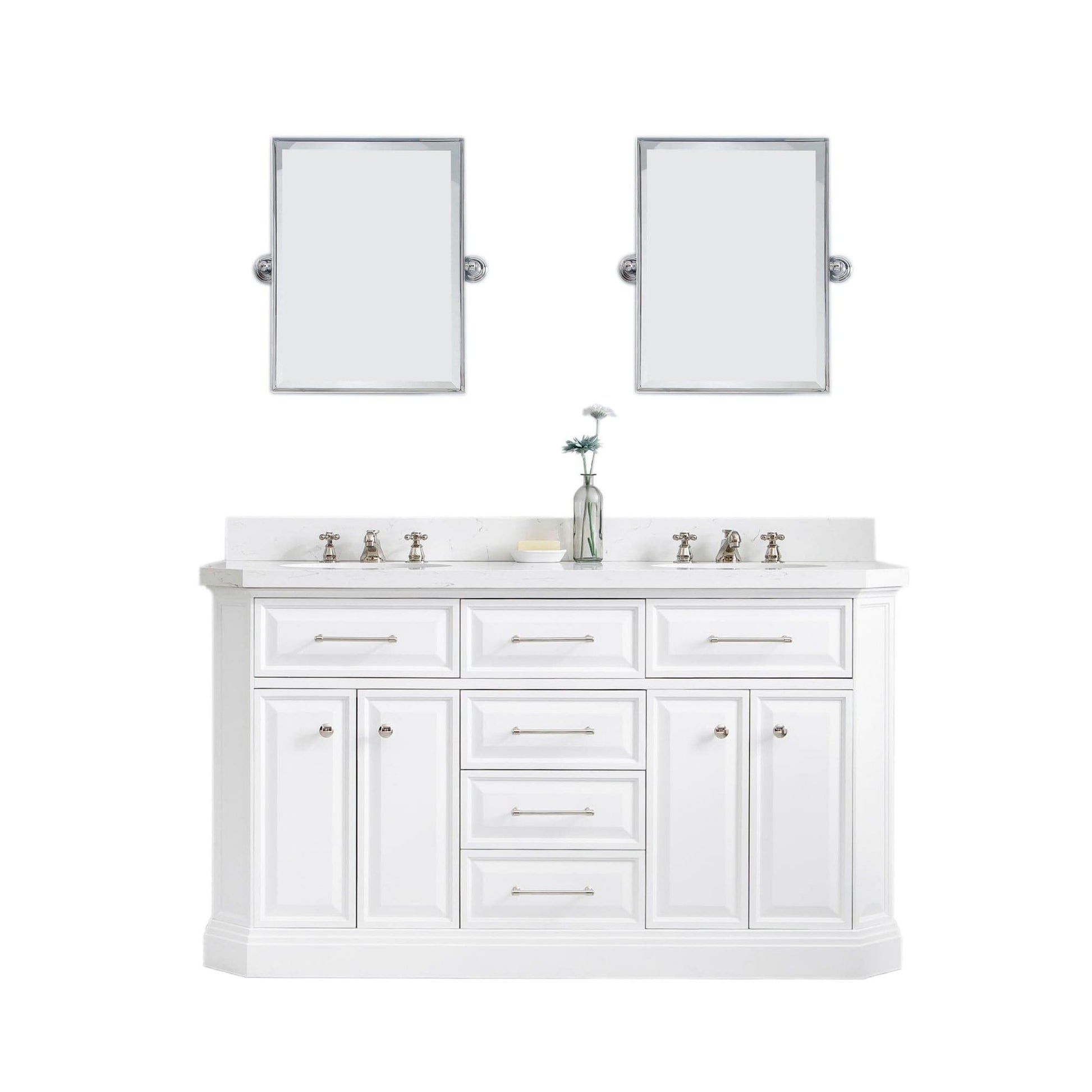 Water Creation PA60QZ05PW-E18000000 PALACE 60"W x 34"H Pure White Vanity with Carrara Quartz Countertop + Mirror, Polished Nickel Finish Hardware & Mirror