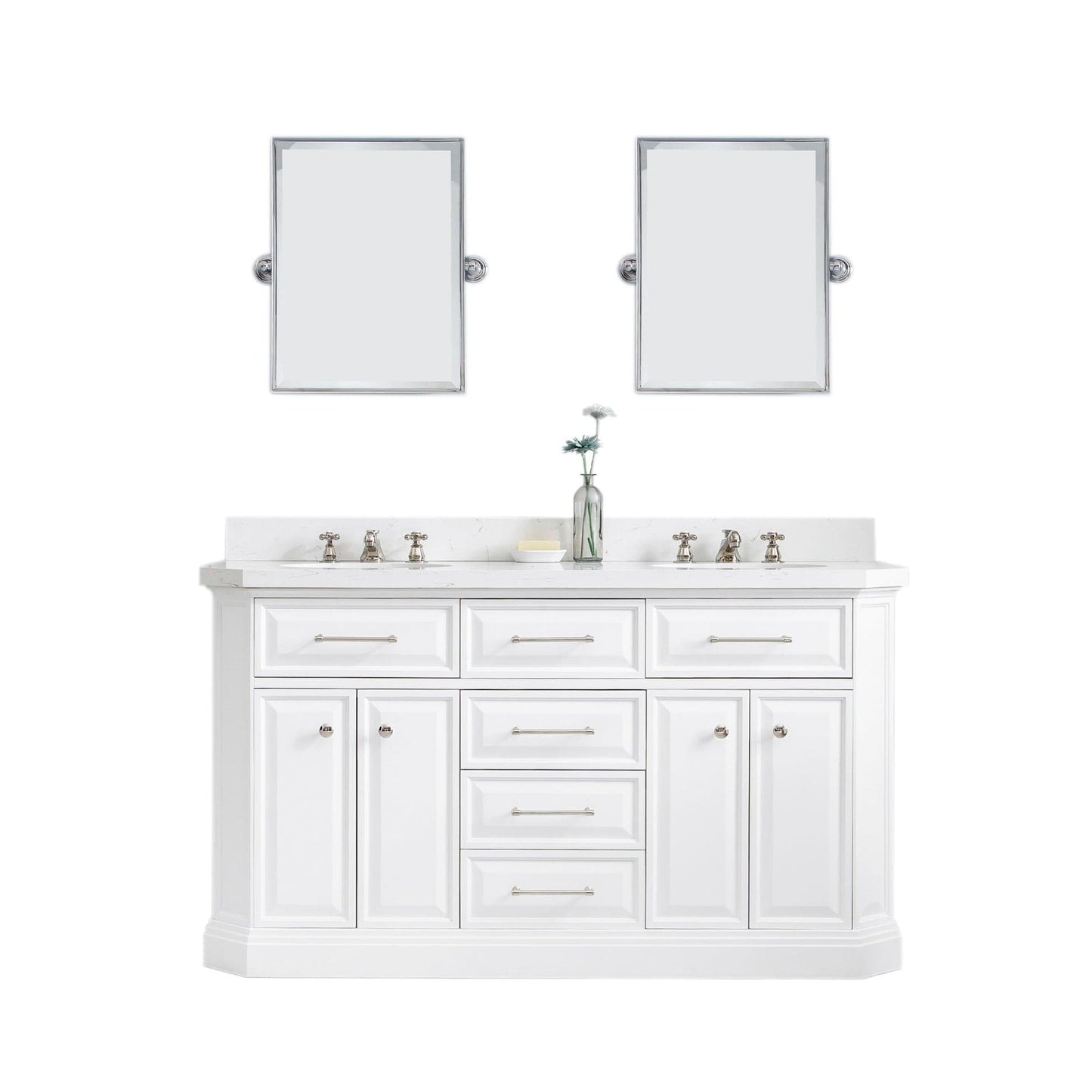 Water Creation PA60QZ05PW-E18000000 PALACE 60"W x 34"H Pure White Vanity with Carrara Quartz Countertop + Mirror, Polished Nickel Finish Hardware & Mirror