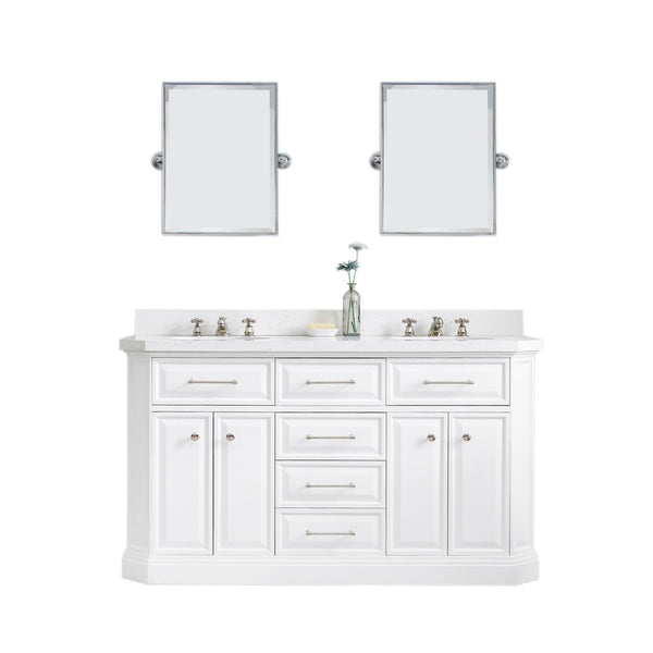 Water Creation PA60QZ05PW-E18000000 PALACE 60W x 34H Pure White Vanity with Carrara Quartz Countertop + Mirror, Polished Nickel Finish Hardware & Mirror