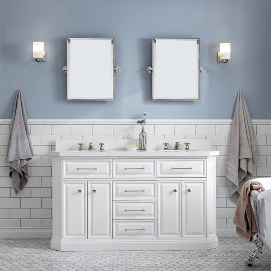 Water Creation PA60QZ05PW-E18000000 PALACE 60"W x 34"H Pure White Vanity with Carrara Quartz Countertop + Mirror, Polished Nickel Finish Hardware & Mirror