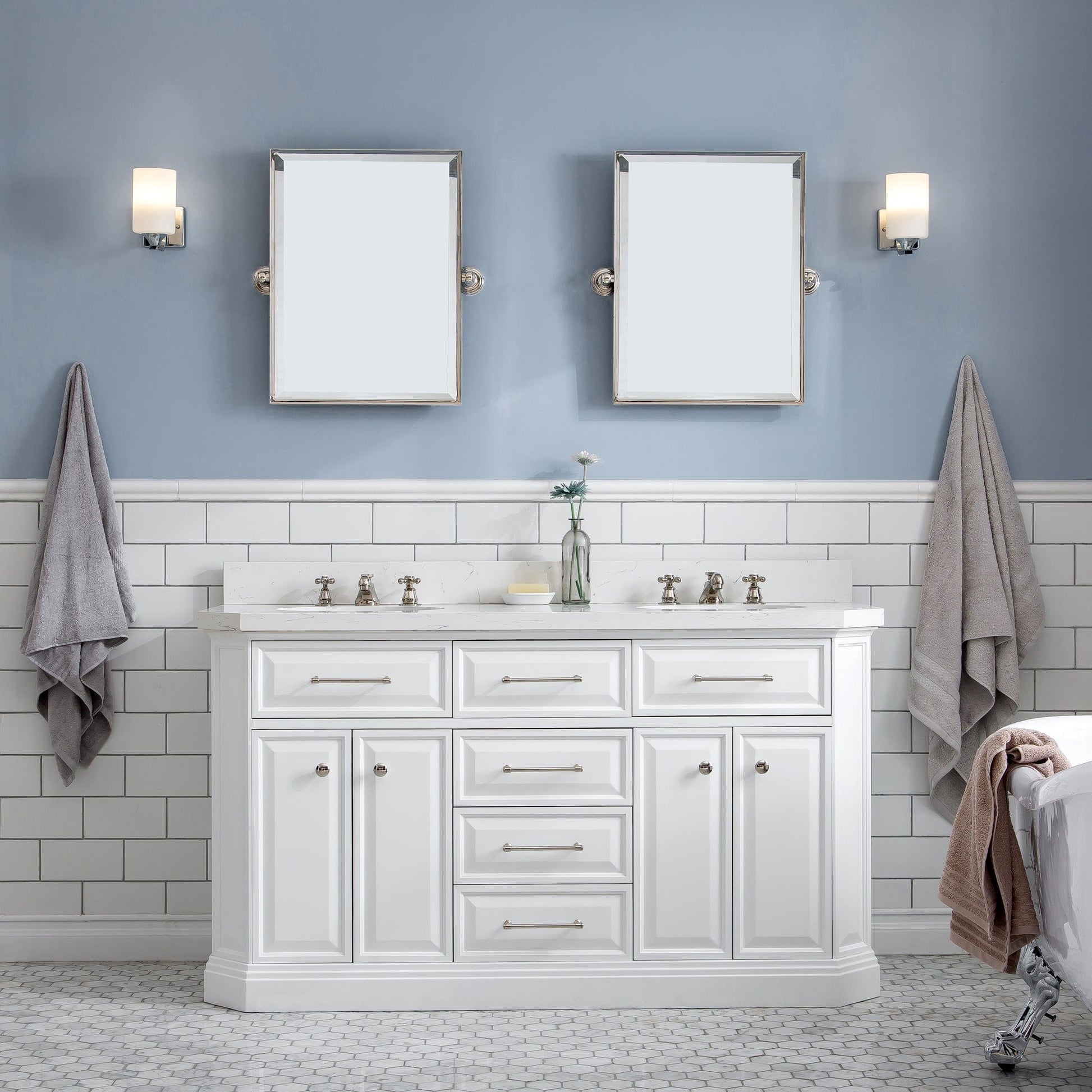 Water Creation PA60QZ05PW-E18BX0905 PALACE 60"W x 34"H Pure White Vanity with Carrara Quartz Countertop + Faucets & Mirror (F2-0009), Polished Nickel Finish Hardware & Mirror