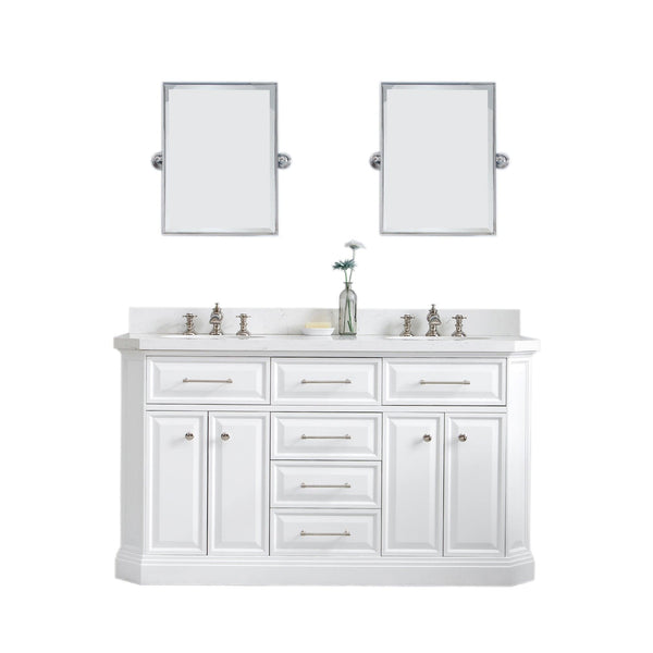 Water Creation PA60QZ05PW-E18FX1305 PALACE 60W x 34H Pure White Vanity with Carrara Quartz Countertop + Faucets & Mirror (F2-0013), Polished Nickel Finish Hardware & Mirror