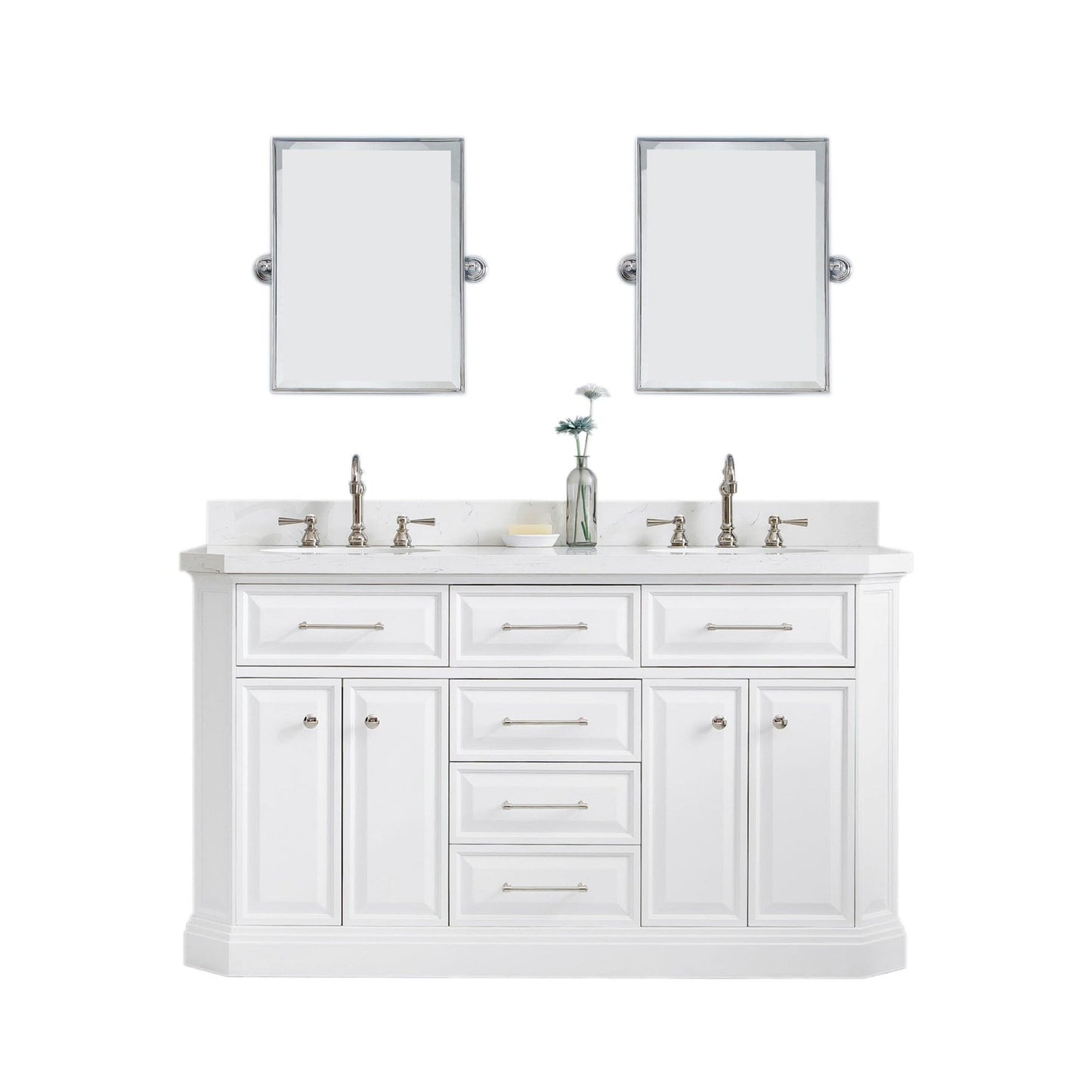 Water Creation PA60QZ05PW-E18TL1205 PALACE 60"W x 34"H Pure White Vanity with Carrara Quartz Countertop + Faucets & Mirror (F2-0012), Polished Nickel Finish Hardware & Mirror