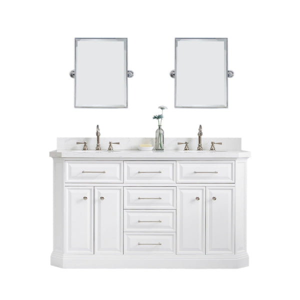 Water Creation PA60QZ05PW-E18TL1205 PALACE 60W x 34H Pure White Vanity with Carrara Quartz Countertop + Faucets & Mirror (F2-0012), Polished Nickel Finish Hardware & Mirror