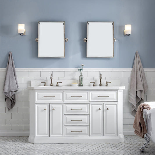 Water Creation PA60QZ05PW-E18TL1205 PALACE 60"W x 34"H Pure White Vanity with Carrara Quartz Countertop + Faucets & Mirror (F2-0012), Polished Nickel Finish Hardware & Mirror